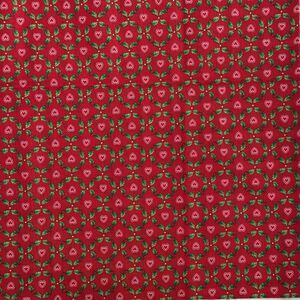 Vintage Christmas Red Hearts Green Holly Leaves Cranston Small Print OOP Remnant